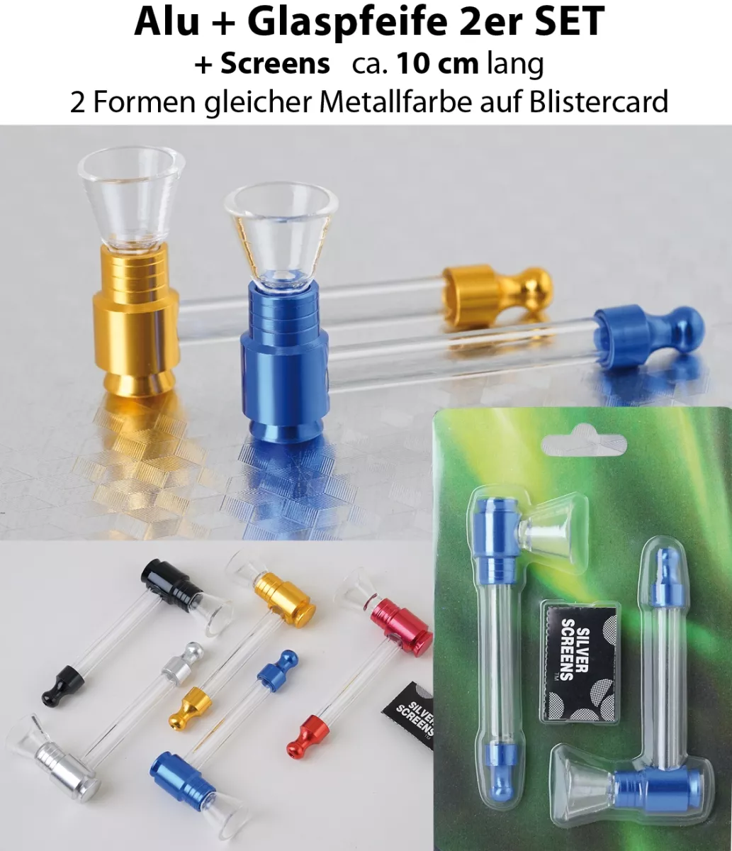 Glaspfeifen mit Alu 2er Set mit Sieben ca 10cm